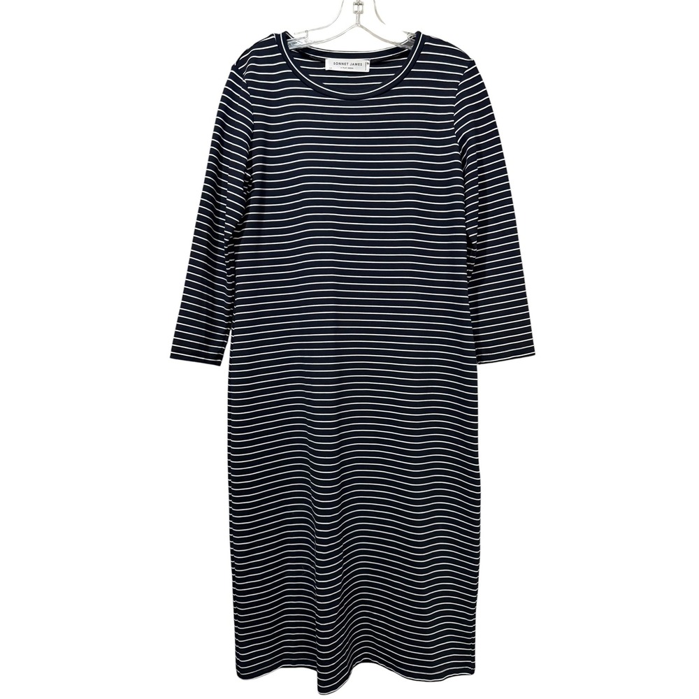 Sonnet James Reese Play Dress Blue White Striped Midi 3/4 Sleeve Size Large Tall